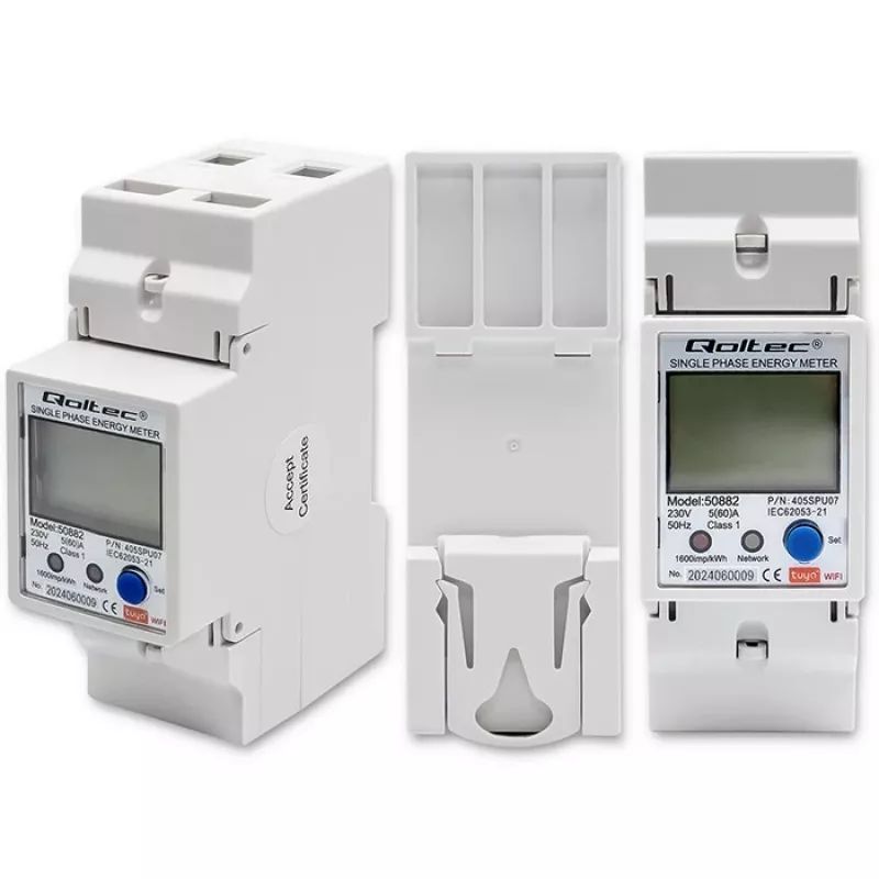 Qoltec 50882 Jednofázový elektronický merač spotreby energie na lištu | Wi-Fi | TUYA | 230V | LCD
