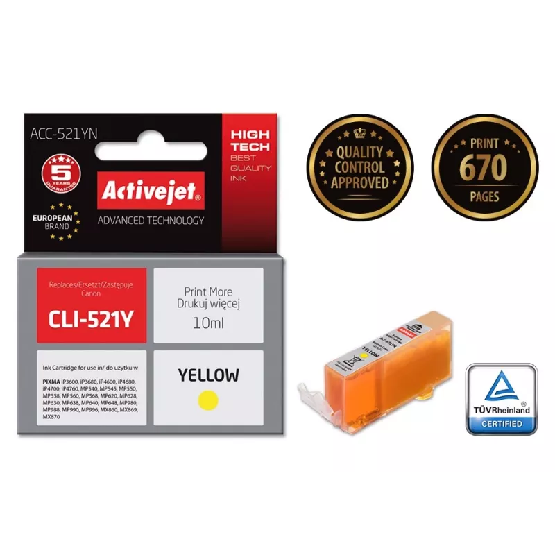 Activejet ACC-521YN atrament, náhrada za Canon CLI-521Y, Supreme, 10 ml, žltý