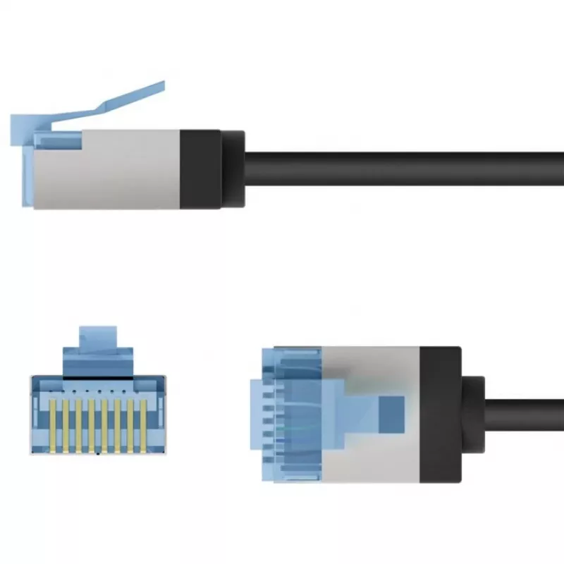 Goobay ultra-flexibilný CAT 6A patch kábel tenký U/FTP čierny – extra krátky konektor samec (74318)