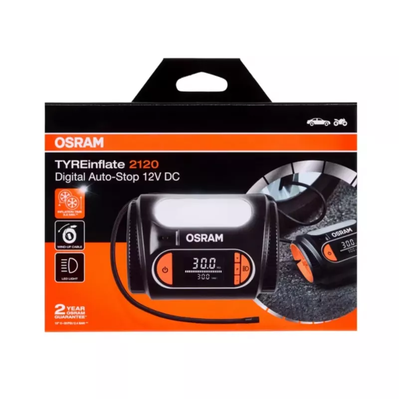 Vzduchový kompresor Osram TyreInflate 2120 – kompaktný 12V batériový hustilka pneumatík (OTI2120)