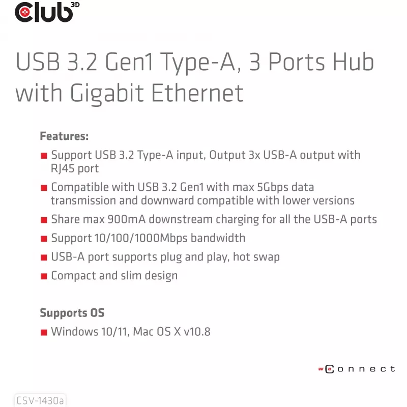 USB hub CLUB3D USB 3.2 Gen1 Type-A s 3 portami a Gigabit Ethernet