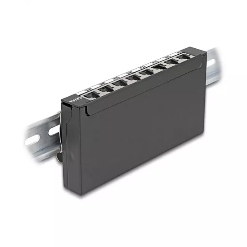 Patch panel DELOCK Mini Desktop RJ45 8 portov Cat.6A tienený čierny na stôl, stenu alebo lištu DIN