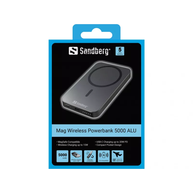Prenosná powerbanka Sandberg Mag Wireless Powerbank 5000 ALU, 5000 mAh