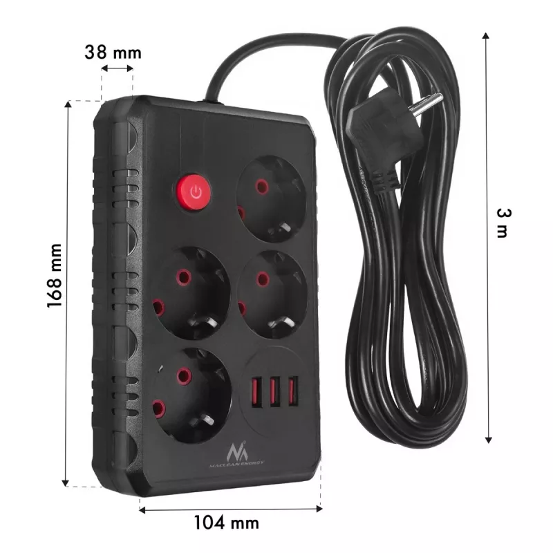 Predlžovacia zásuvka MACLEAN MCE393 B — 4 zásuvky, 3×USB, 110–240 V, 2500 W, 3 m kábel, čierna