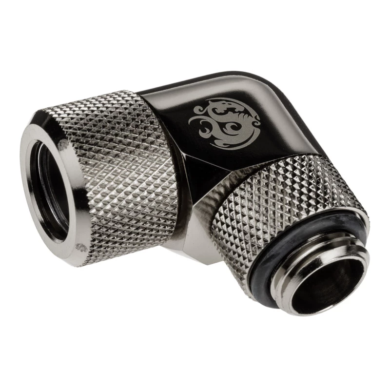 Adaptér 90° BitsPower Advanced Multi-Link G1/4 palca vonkajší závit na 12 mm OD hardtube, otočný