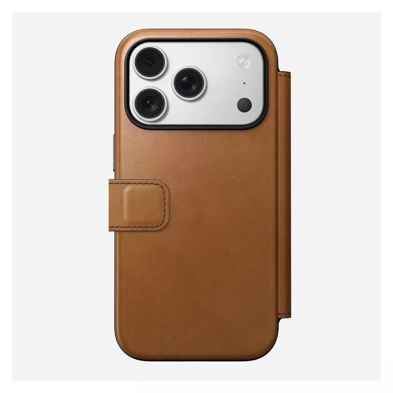 Folio puzdro Nomad Modern Leather Folio pre iPhone 17 Pro, koža + hliník, 6,3 palcov (16 cm), Tan, 3 priehradky na karty