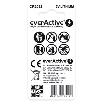 Lítium gombíková batéria everActive CR2032 — 3V, 20 mm, 2 ks blister