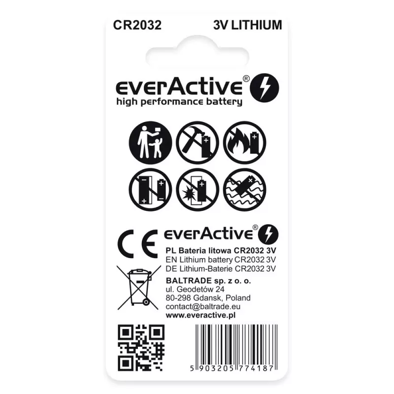 Lítium gombíková batéria everActive CR2032 — 3V, 20 mm, 2 ks blister