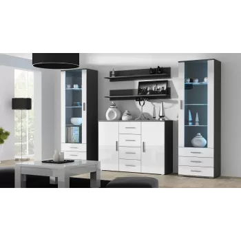 Komoda Cama Meble UNI sivá/biela vysoký lesk, 2 dvere, 2 police, 1320×380×920 mm