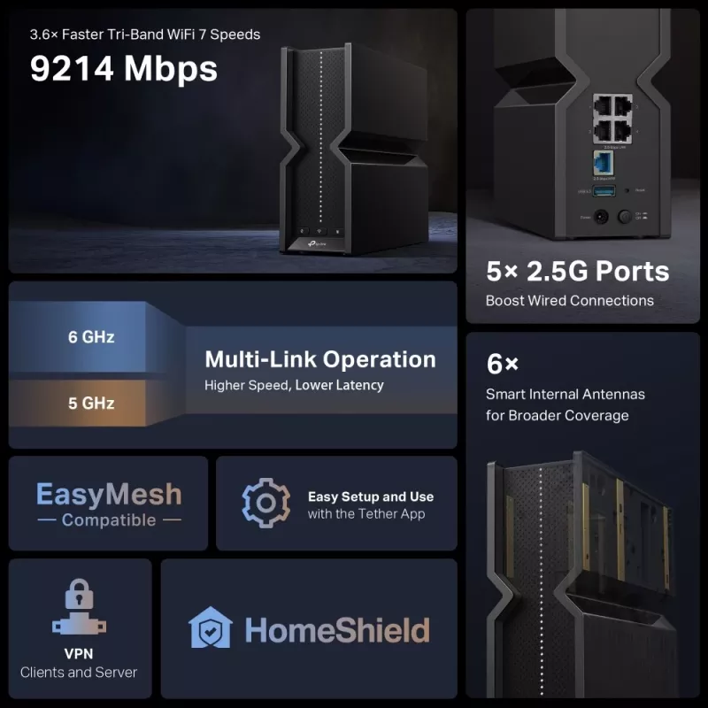 TP-Link Archer BE9300 Tri-Band-Wi-Fi-7 router, Wi-Fi 7 (802.11be), Tri-Band (2.4 GHz / 5 GHz / 6 GHz), Ethernet LAN, čierny, stolný router
