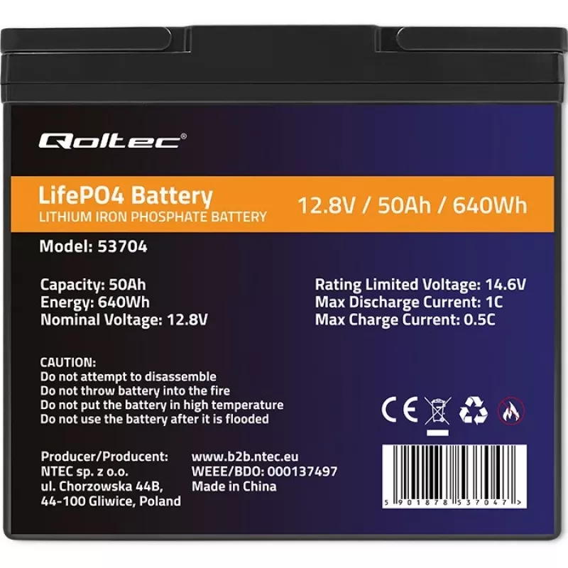 LiFePO4 batéria QOLTEC 12,8 V 50 Ah (model 53704) pre zálohovanie a ukladanie energie