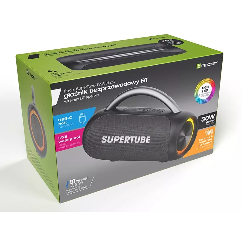 Tracer SuperTube TWS Prenosný reproduktor Bluetooth, 30 W, IPX5, čierny