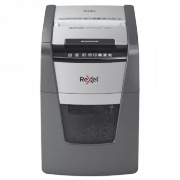 Skartovač REXEL Optimum AutoFeed+ 100X — 100-listový automatický podávač, 4 x 28 mm krížový rez, 34 l zásobník, hliník