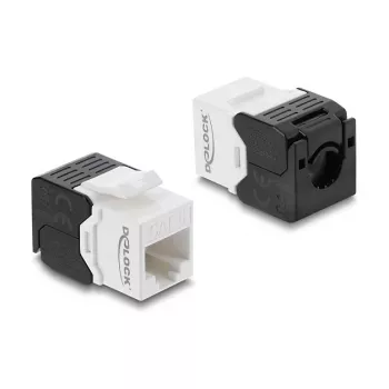 Keystone modul DELOCK RJ45 na LSA Cat.6 UTP bez nástroja, ploché prevedenie, 16,2×28,2×19,4 mm, čierny/biely