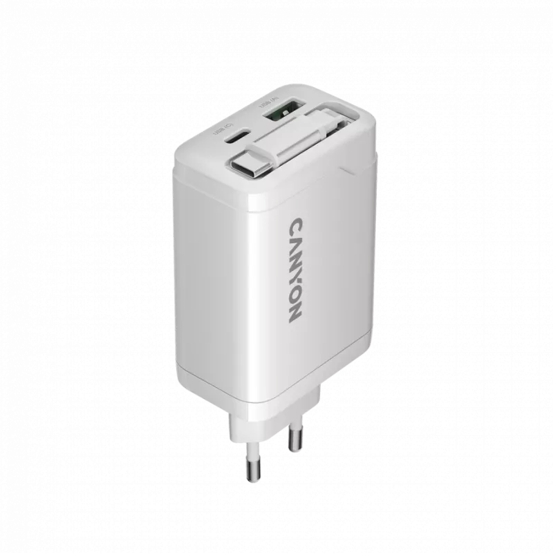 CANYON nabíjačka OnCharge 65RC s integrovaným USB-C káblom 65W, 1x PD, 1x QC, EU zástrčka, biela