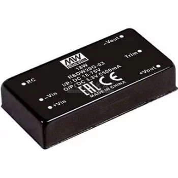 Napájací zdroj/menič MEAN WELL RSDW20F-03 — 20 W výstupný výkon, 3 V výstupné napätie, hĺbka 50,8 mm, hmotnosť 35 g