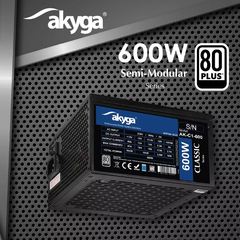 Akyga Classic AK-C1-600 ATX napájací zdroj 600 W, 80 PLUS, aktívne PFC, 120-mm ventilátor