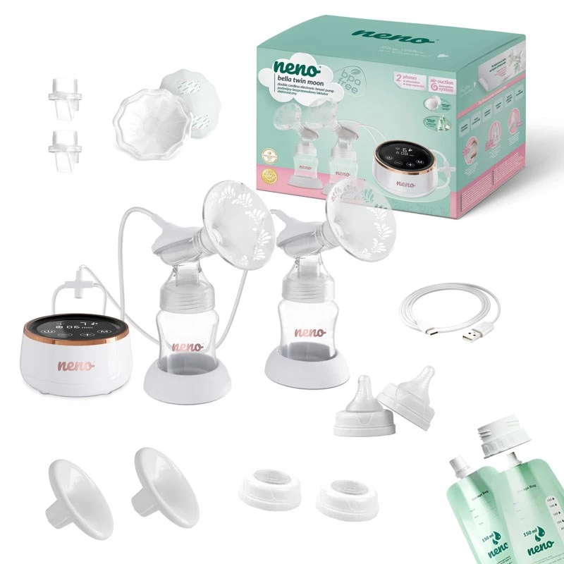 Elektrická dvojitá odsávačka mlieka neno Bella Twin Moon – bezdrôtová, dvojfázová, LCD, 150 ml fľaše, perleťová