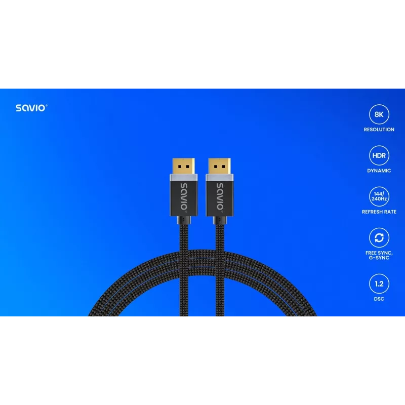 DisplayPort kábel SAVIO CL-166 2 m čierny – DisplayPort 1.4, konektor samec-samec, pozlátené kontakty