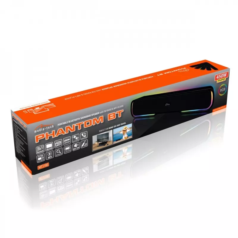 Reproduktor MEDIA‑TECH Phantom MT3180 soundbar 450W RMS, 80W na batérie, Bluetooth, káblový & bezdrôtový, čierny