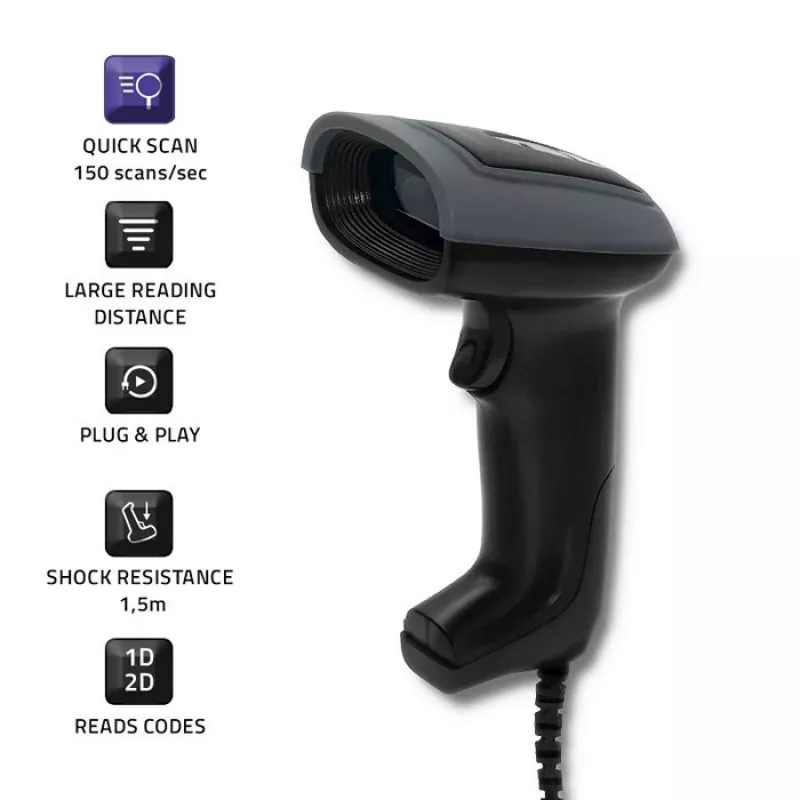 Ručný čítač čiarových kódov QOLTEC 50863 — 1D/2D skener, USB káblový, LED senzor, čierny, 5V, 1,8 m kábel