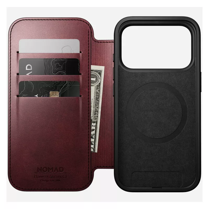 Puzdro na telefón Nomad Modern Leather Folio pre Apple iPhone 17 Pro, 6,3 palcov (16 cm), koža bordová