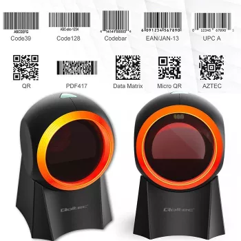 Káblový stolný čítačka čiarových kódov QOLTEC 50857 – 1D/2D, USB, ABS puzdro, čierna, 1,75 m kábel
