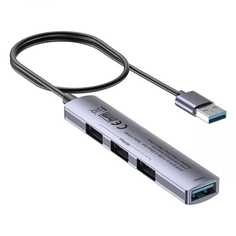 USB hub Unitek H1208CGY01 — 4-portový USB 3.0 (5 Gbit/s), spätne kompatibilný s USB 2.0, hliník