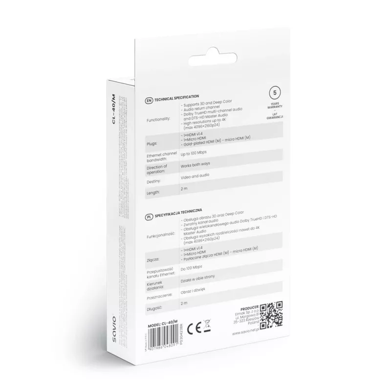 Savio CL-40/M HDMI (M) - micro HDMI (M) kábel s Ethernet, 2m, čierna