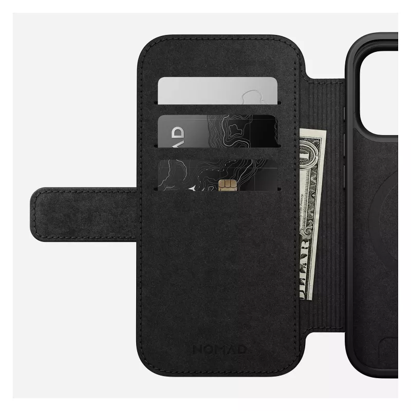 Kožené puzdro na telefón Nomad Modern Leather Folio pre iPhone 17 Pro, 16 cm (6,3 inch), čierna, 4 priehradky na karty