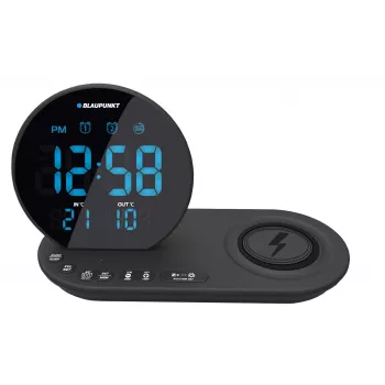 FM PLL rádiobudík/ALARM/USB/CR85BK NABÍJANIE/bezdrôtové nabíjanie/interiér/exteriér teplota/čierna