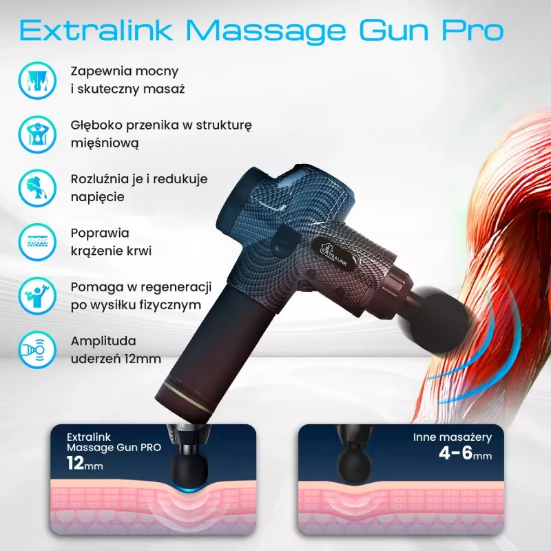 Masážna pištoľ Extralink MSG-01-PRO 3800 ot/min 6 nástavcov