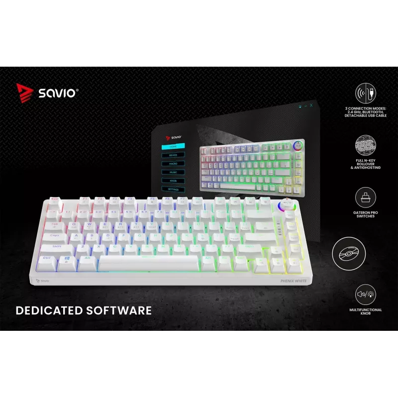 SAVIO PHENIX WHITE bezdrôtová mechanická klávesnica, Gateron Red Pro, ABS