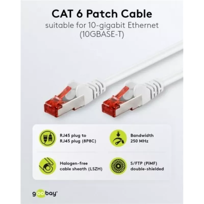 Wentronic Goobay CAT 6 patch kábel, S/FTP (PiMF), biely, 3 m – LSZH bez halogénov, meď (93507)
