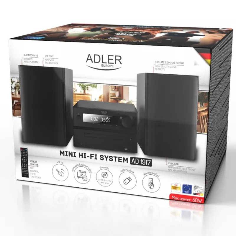 Mini Hi‑Fi stereo systém Adler AD 1917 — Bluetooth V5.3, CD/USB/MP3, 2×25 W RMS, FM tuner, 4‑pásmový ekvalizér, AUX, čierny