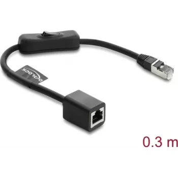 Sieťový patch kábel DELOCK RJ45 Cat.6 F/UTP 0,3 m s integrovaným vypínačom a odľahčením ťahu, tienený