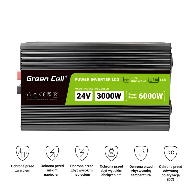 Auto menič Green Cell INVGC24P3000LCD 24V 3000W Čistý sínus, 230V 50Hz, LCD, Typ F
