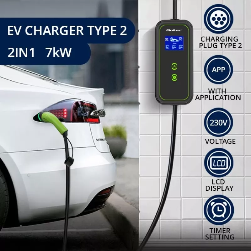 Qoltec mobilná nabíjačka pre elektromobily nastaviteľná 2v1 Type2 | 7kW | 230V | CEE 3 PIN | Wi-Fi | LCD | prenosná | wallbox | 5m
