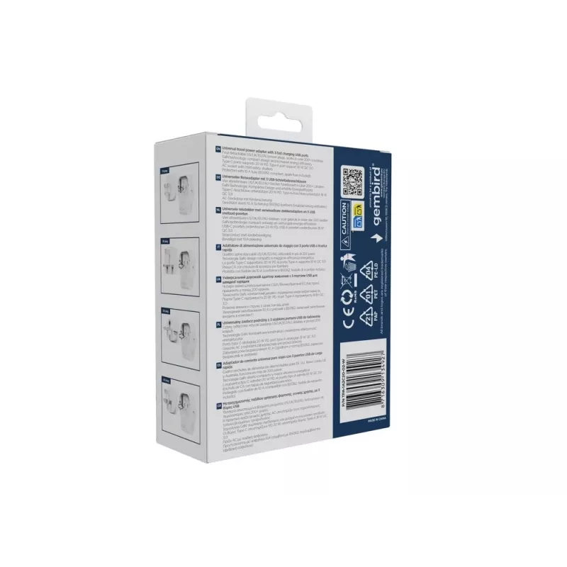Nástenný cestovný adaptér GEMBIRD TPA-1A2C20-02-W 20W — 1xUSB-A + 2xUSB-C, zástrčka typ G, 100–250 V, biela