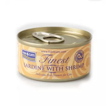 Mokré krmivo pre mačky FISH4DOGS sardinka s krevety 70 g — kompletné krmivo v konzerve pre dospelé mačky, rybia príchuť