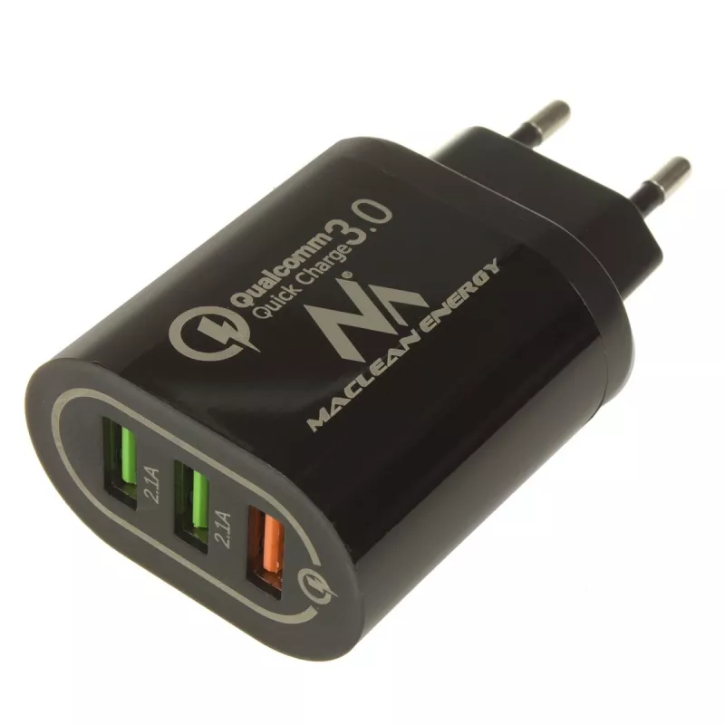 USB nástenná nabíjačka MACLEAN MCE479B — 3x USB porty, 18W celkový výkon, kompaktná