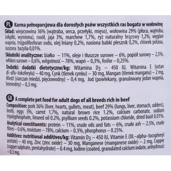 Mokré krmivo pre psov Dolina Noteci hovädzie a bravčové Adult konzerva 400 g, proteín 11 %, tuk 6 %, vlhkosť 78 %