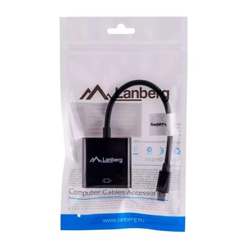 VGA (D-Sub) na Mini DisplayPort adaptérový kábel LANBERG AD-0006-BK, 0,2 m, DisplayPort 1.2, 1920×1200@60Hz, MiniDP konektor samica, čierny