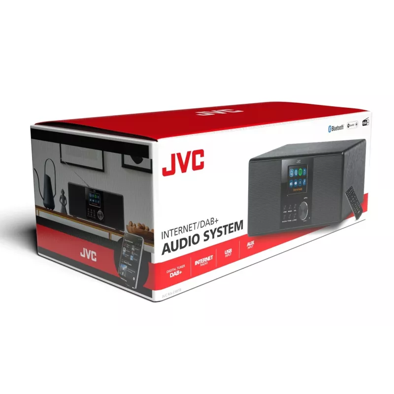 Internetové rádio JVC RA-E981B — Wi‑Fi & Bluetooth streaming, DAB+, FM, 2x5W, 40 pamätí staníc, USB, AUX, LCD displej