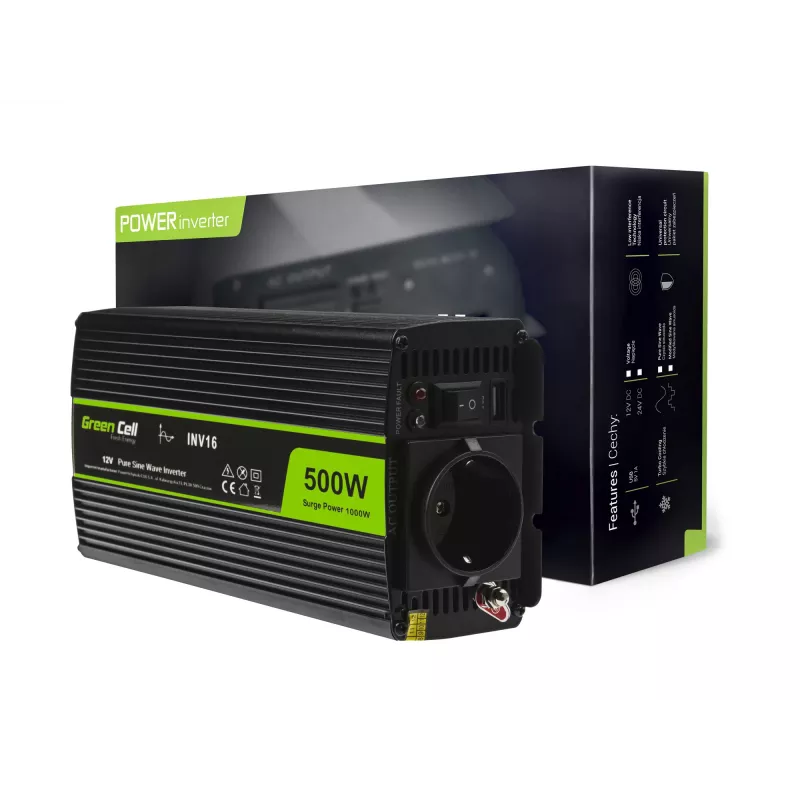 Automenič Green Cell INV16 500 W DC 12 V na AC 230 V, 50 Hz, USB konektor, aktívne chladenie, čierna