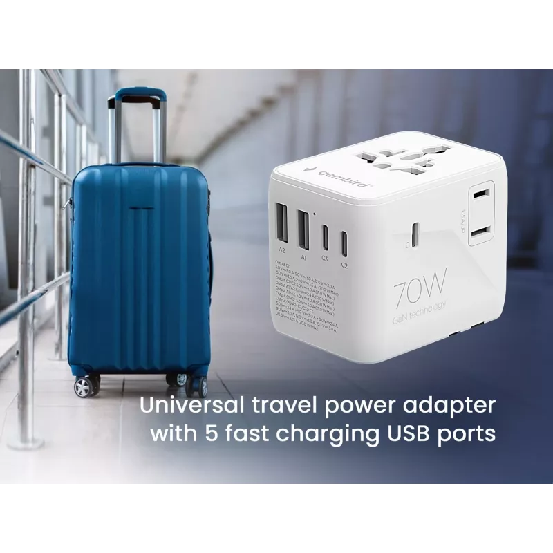 Gembird TPA-2A3C70-01-W univerzálny cestovný napájací adaptér, 3x USB-C, 2x USB-A, 70 W, GaN, biely
