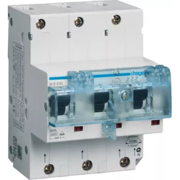 Hager HTN350E. Menovitý prúd: 50 A. Počet modulov (max.): 4,5 modulu. Šírka: 85 mm, hĺbka: 81 mm, výška: 110 mm (HTN350E)