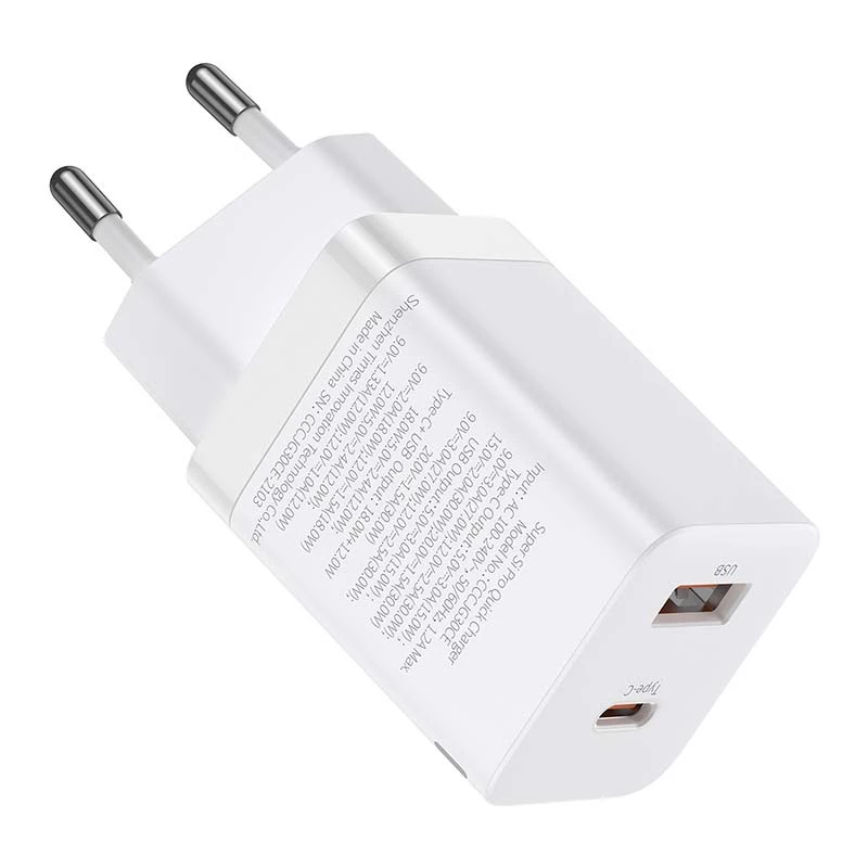 Baseus Super Si Pro rýchlonabíjačka USB + USB-C 30W (biela)