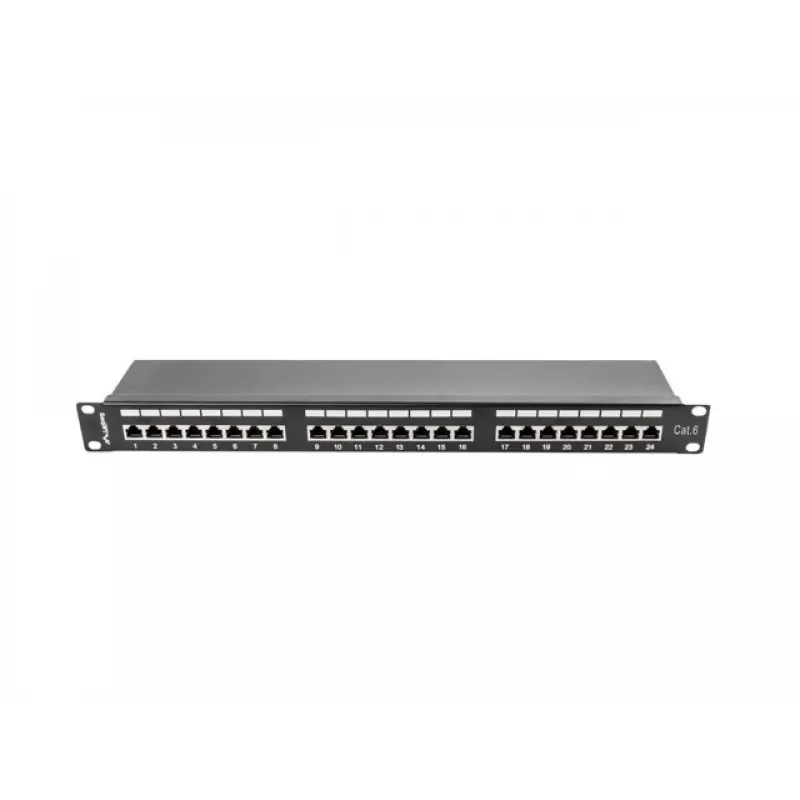 Patch panel 1U LANBERG PPS6-1024-B, 24-portový Cat6, kov, čierny, 442×114,5×44,5 mm