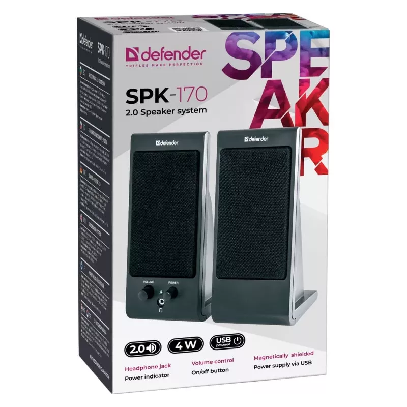 Stolové/regálové reproduktory DEFENDER SPK-170 2.0, 4 W RMS, káblové USB 5 V, 3,5 mm, čierne